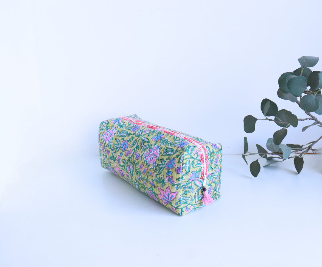 Lime green floral booti block print Dyson Airwrap organizer bag, handmade cotton by Kari by Kriti
