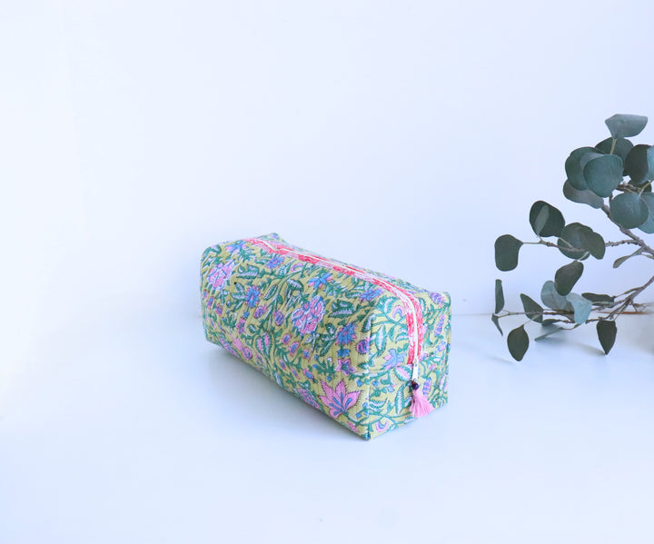 Lime green floral booti block print Dyson Airwrap organizer bag, handmade cotton by Kari by Kriti
