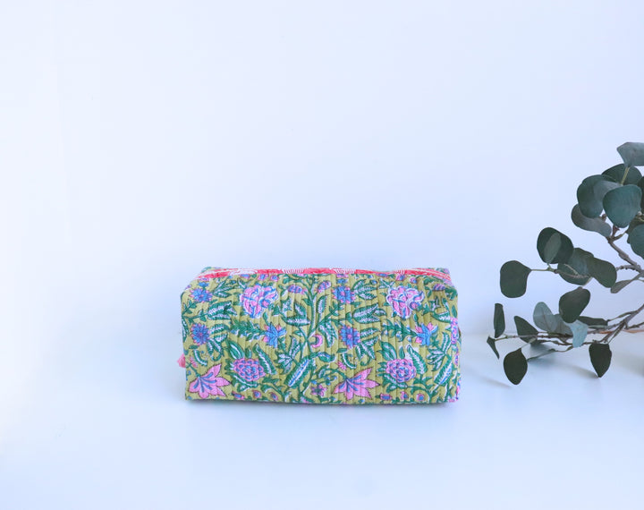 Lime green floral booti block print Dyson Airwrap organizer bag, handmade cotton by Kari by Kriti
