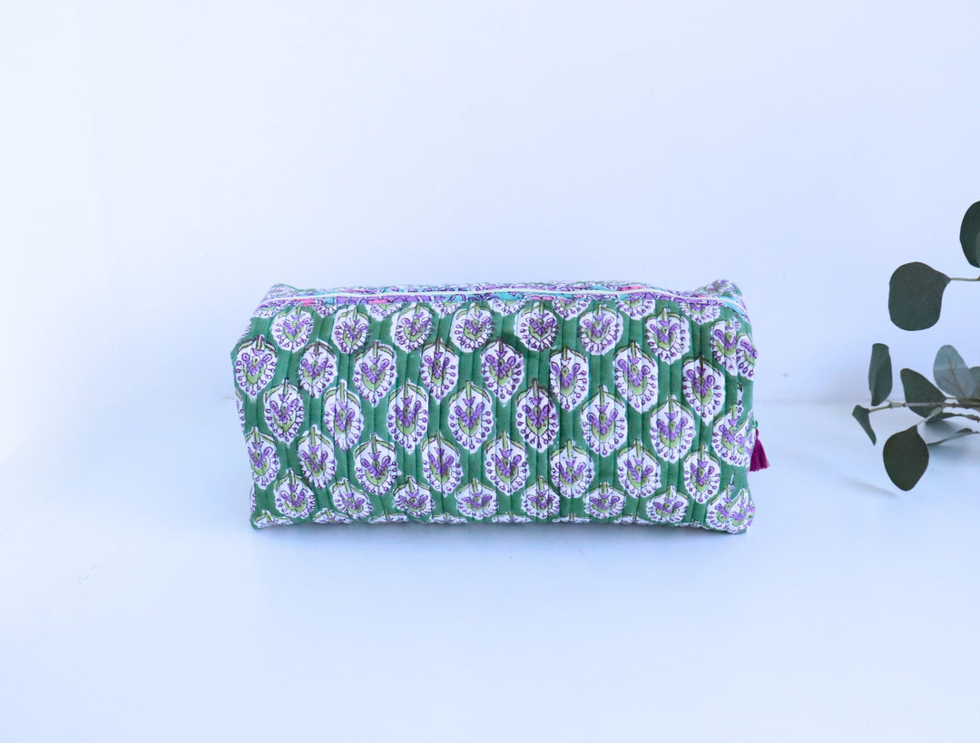Green booti block print Dyson Airwrap organizer bag, handmade cotton by Kari by Kriti
