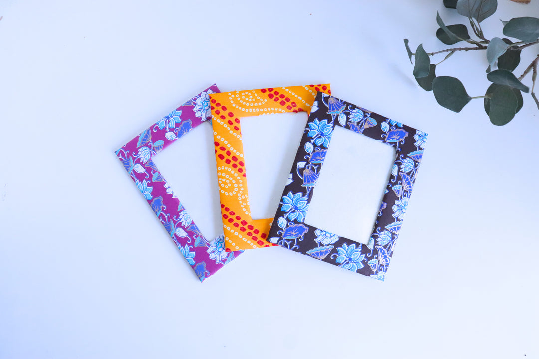 Close-up of block print motif detail on a recycled paper photo frame from Kari by Kriti&