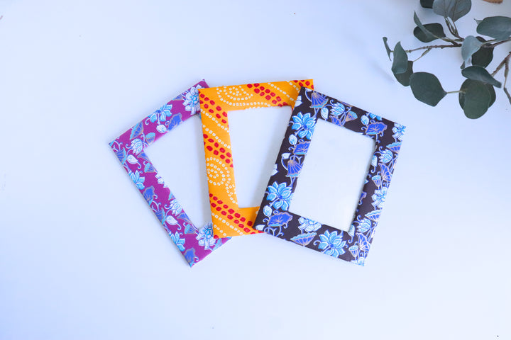 Close-up of block print motif detail on a recycled paper photo frame from Kari by Kriti&