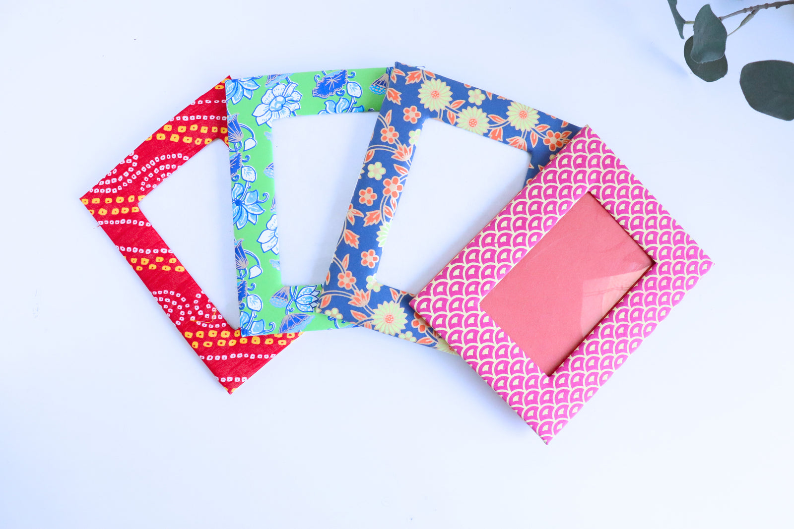 Assorted block print recycled paper photo frames in a bulk set, screen printed with traditional motifs — Kari by Kriti