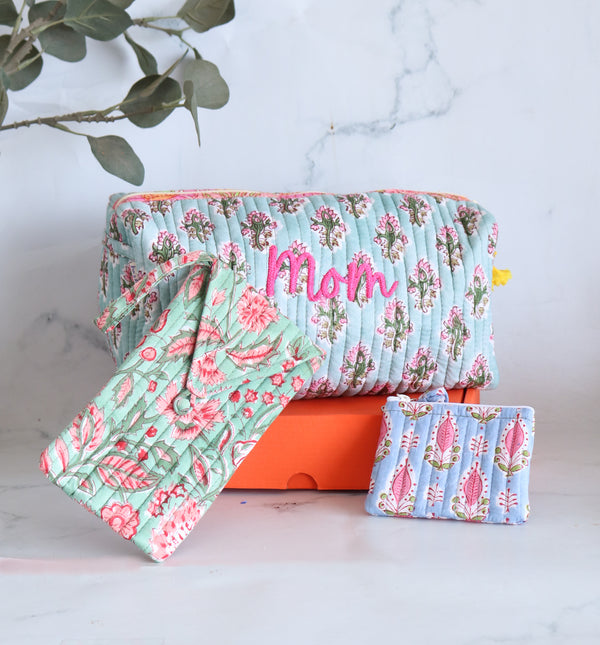 The Mom Box personalized gift set with handmade block print accessories for mothers by Kari by Kriti
