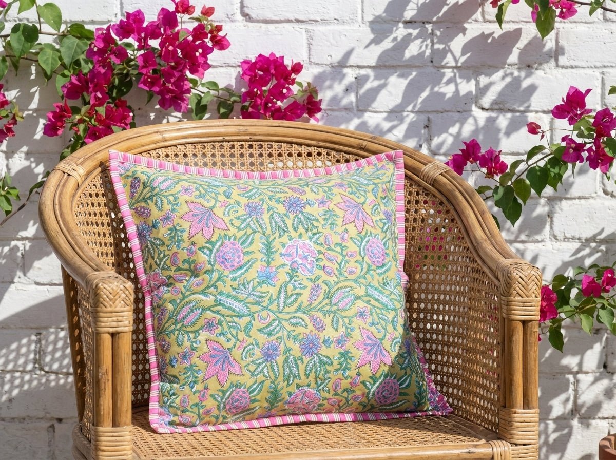 Light Green Floral Cushion Cover - Hand block print - Decorative Cushions by Kari by Kriti