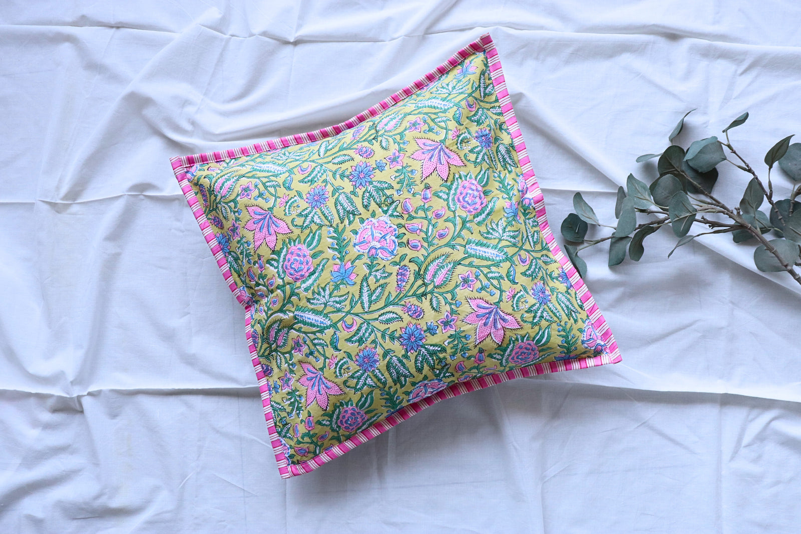 Light Green Floral Cushion Cover - Hand block print - back view