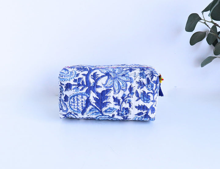White and blue floral block print medium cosmetic bag, handmade travel makeup pouch by Kari by Kriti
