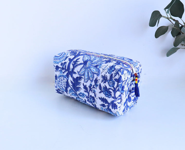 White and blue floral block print medium cosmetic bag, handmade travel makeup pouch by Kari by Kriti
