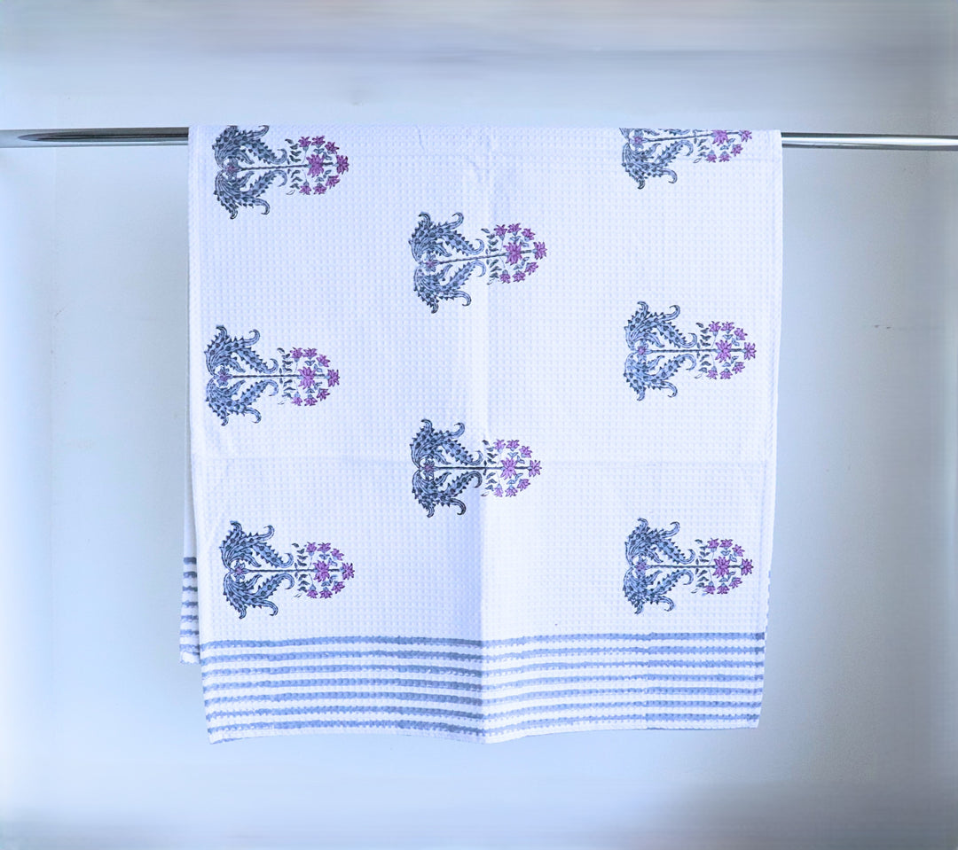 Lilac Floral Boota Block Print Waffle Cotton Bath Towel - Close Up
