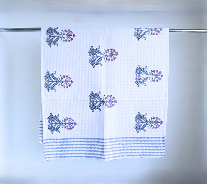 Lilac Floral Boota Block Print Waffle Cotton Bath Towel - Close Up