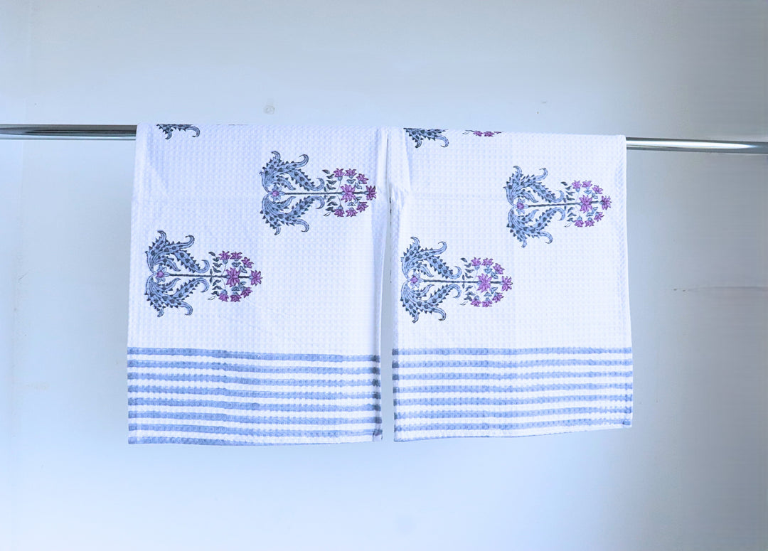 Lilac Floral Boota Block Print Hand Towels - Set of 2