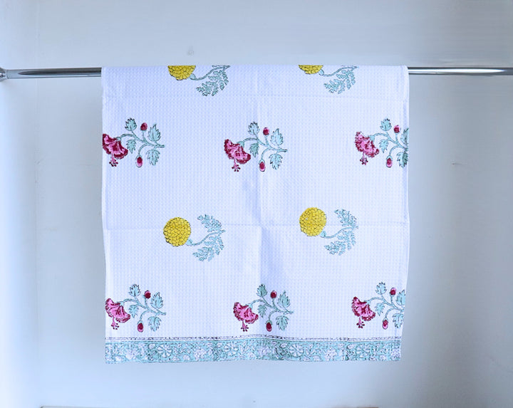 Multicolour Floral Block Print Waffle Cotton Bath Towel - Close Up