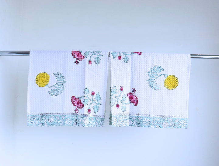 Multicolour Floral Block Print Hand Towels - Set of 2