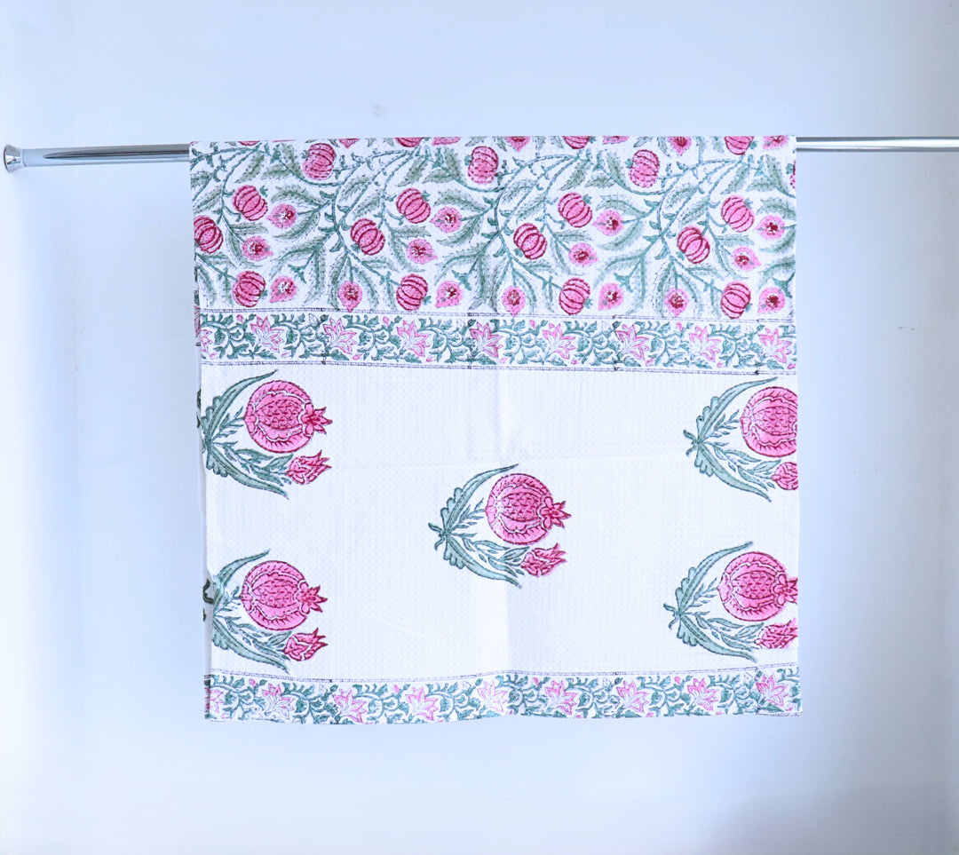 Pink Pomegranate Block Print Waffle Cotton Bath Towel - Close Up