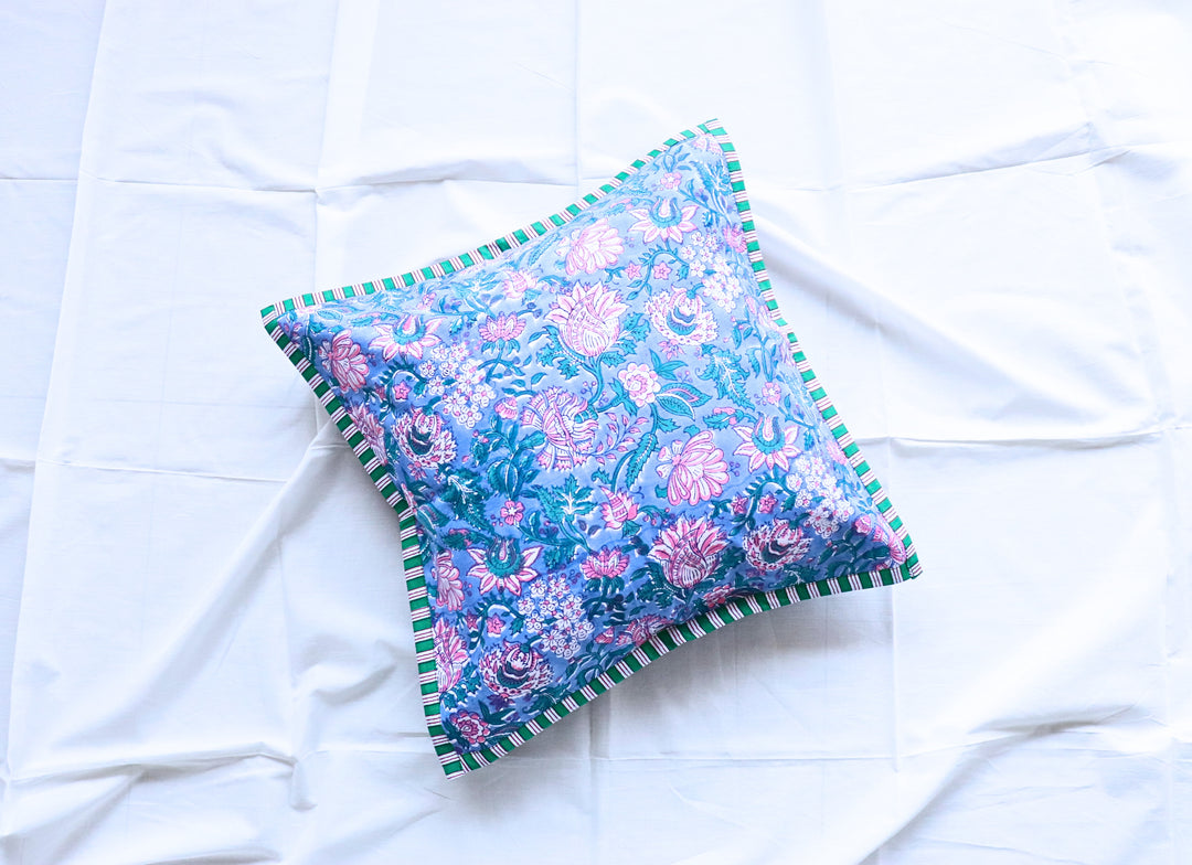 Light Blue Floral Cushion Cover - Hand block print - back view