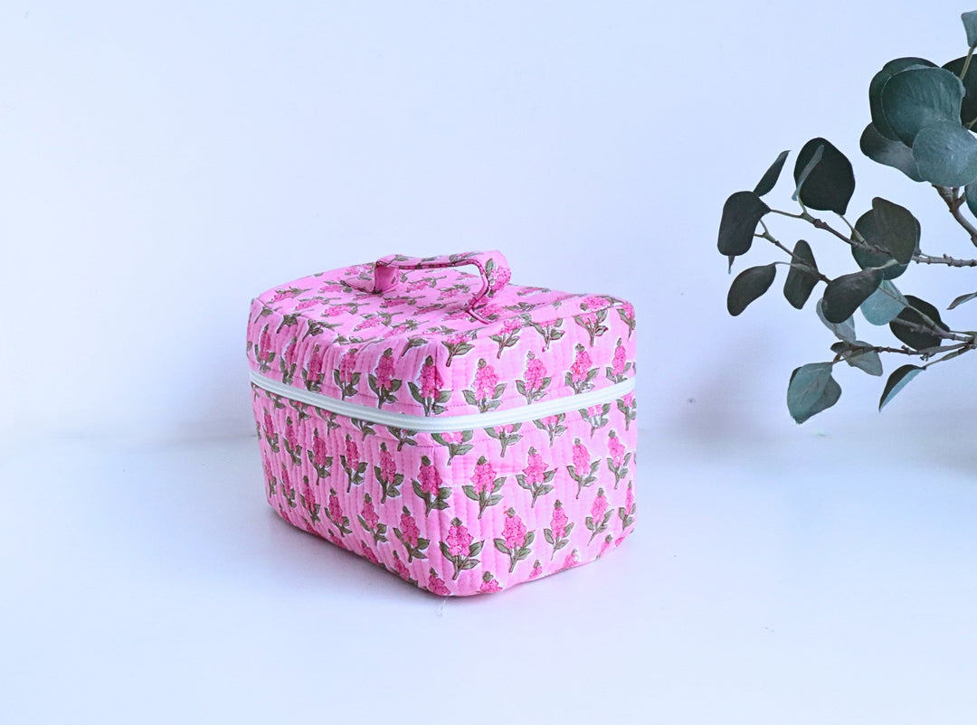 Block print vanity bag in dark pink floral pattern, handmade toiletry case with zip closure