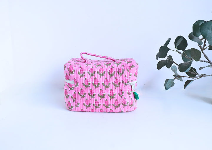 Handmade dark pink floral block print toiletry bag, artisanal Indian makeup organizer