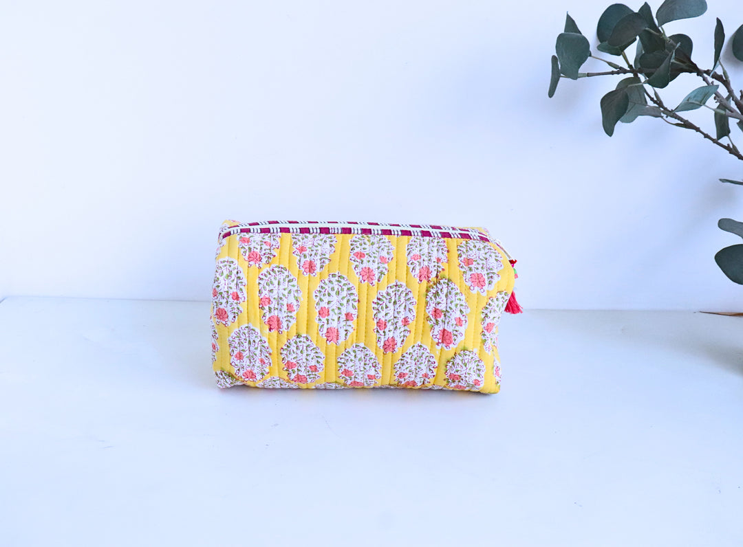 Yellow block print travel makeup pouch with beaded tassel, made in Sanganer