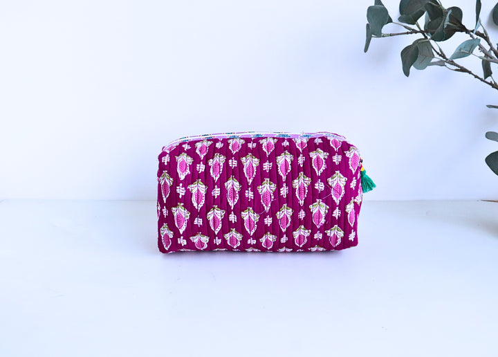 Block printed cotton cosmetic pouch dark pink with bead tassel zip detail