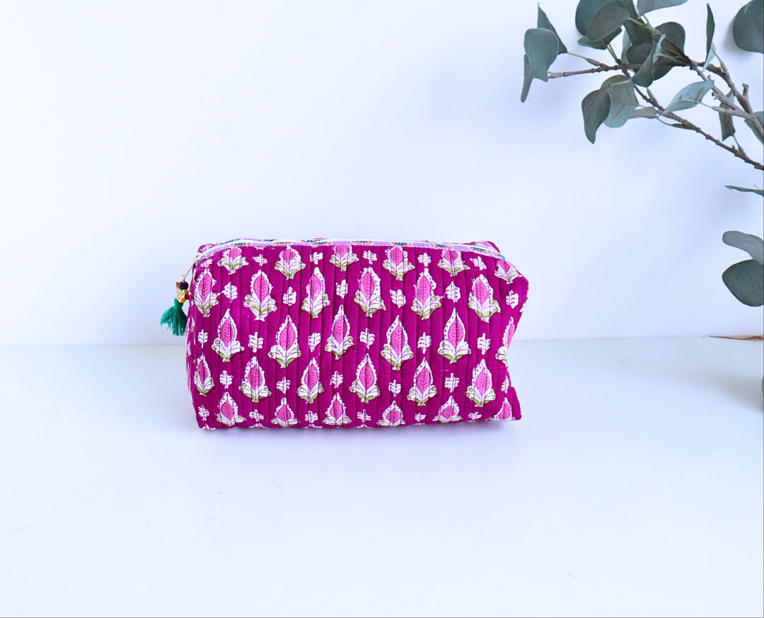 Hand block printed large cosmetic bag in dark pink floral print by Kari by Kriti