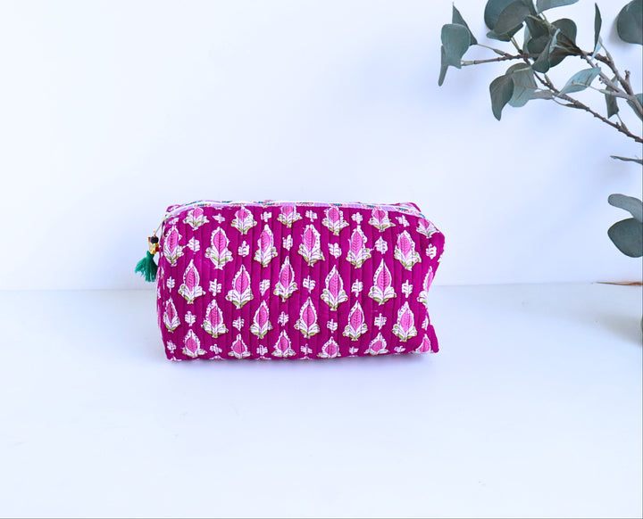 Hand block printed large cosmetic bag in dark pink floral print by Kari by Kriti