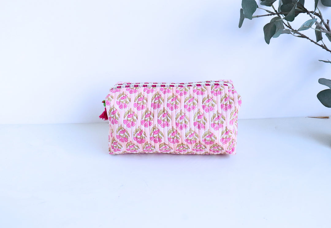 Peach booti travel makeup pouch open showing block printed lining, Kari by Kriti