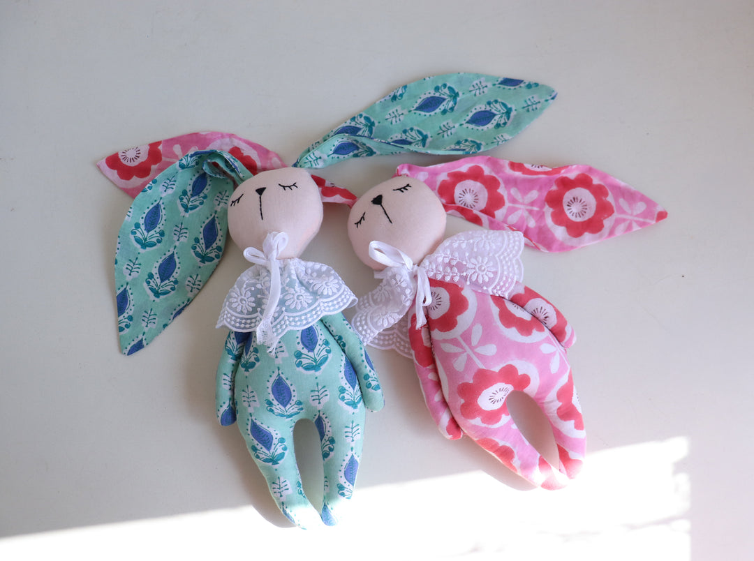 Personalised hand block printed bunny soft toy in pink and turquoise cotton, Kari by Kriti