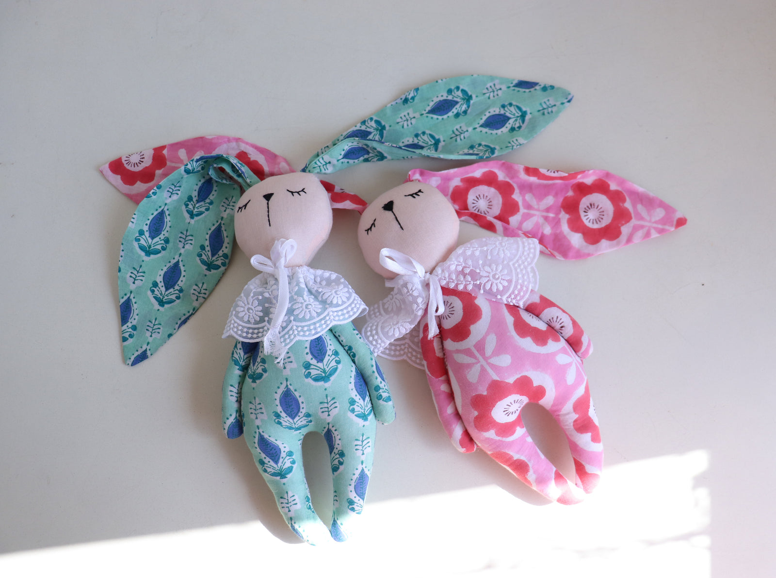 Personalised hand block printed bunny soft toy in pink and turquoise cotton, Kari by Kriti