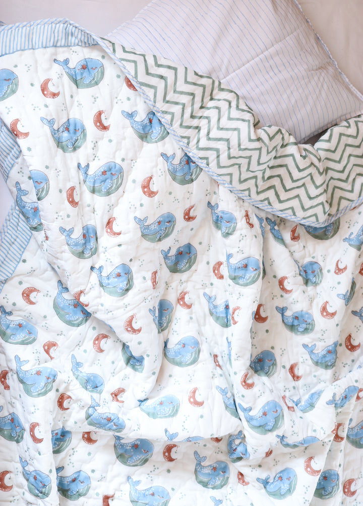 Personalized Whale of a Time hand block printed kids AC quilt in 100% cotton, single bed size, by Kari by Kriti