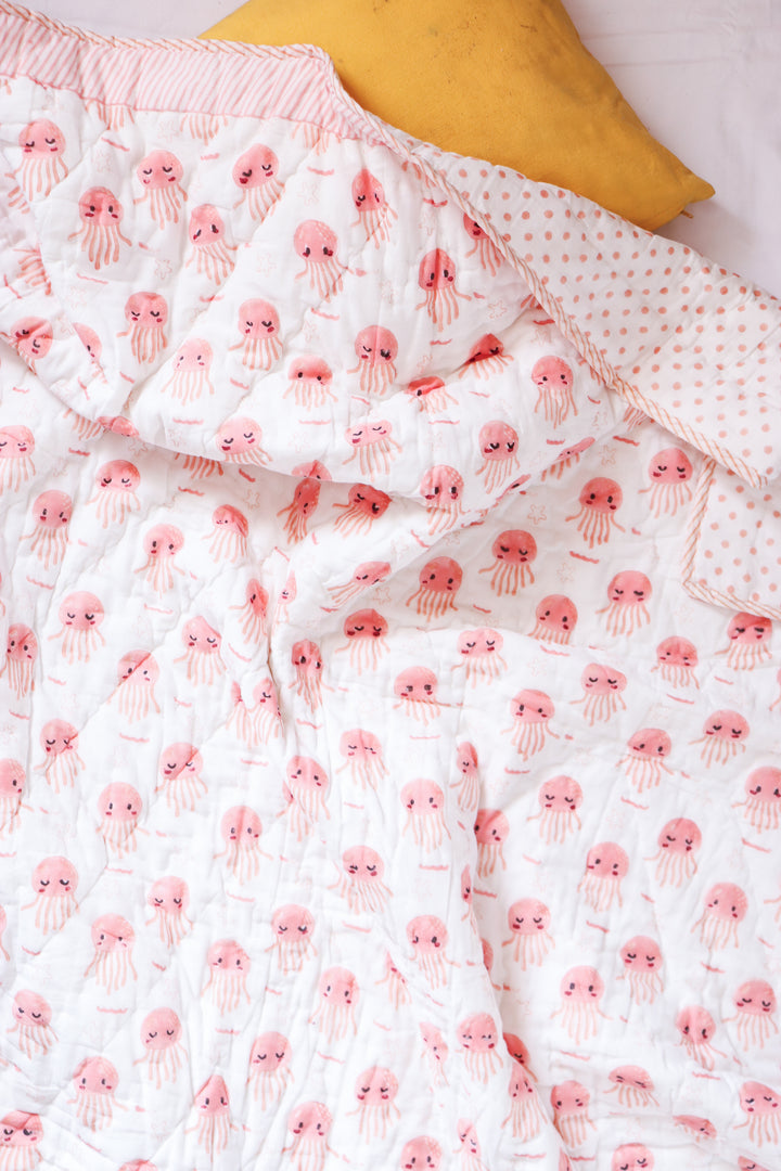 Personalized Pink Octopus hand block printed single bed quilt for kids by Kari by Kriti