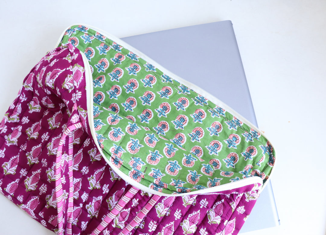 Magenta booti block print laptop bag with double handles, made in Sanganer