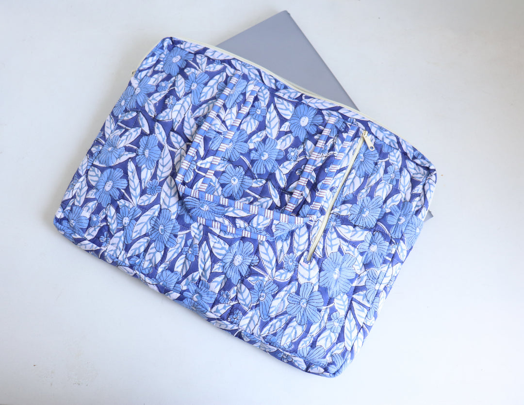 Blue Floral laptop bag side view showing double handles and zip pockets