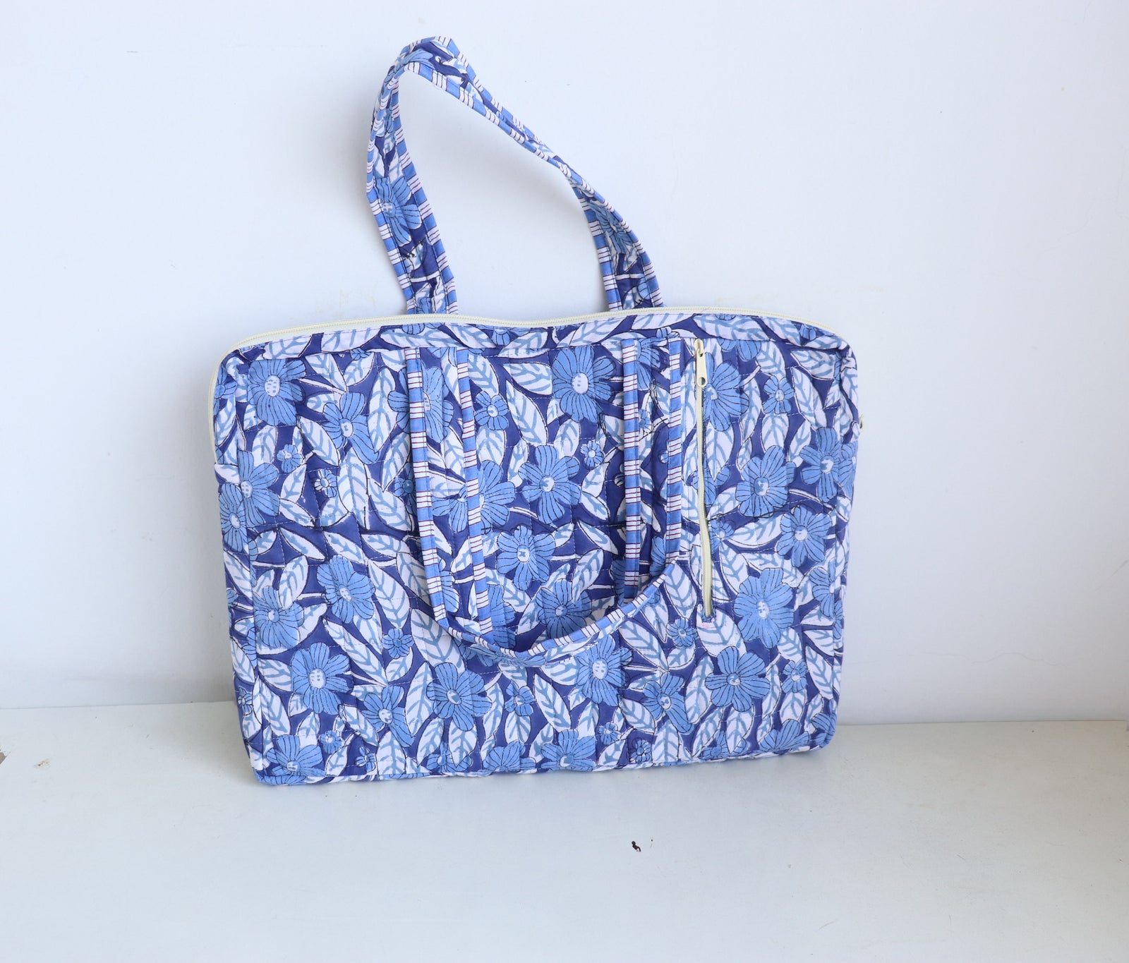 Close-up of Blue Floral block print pattern on quilted laptop bag