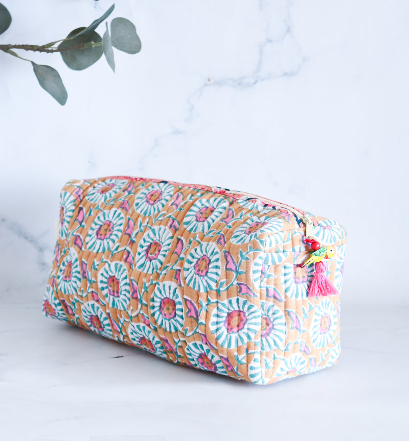 Personalized Makeup bags - Block print cosmetic bag - Quilted toiletry pouch with name