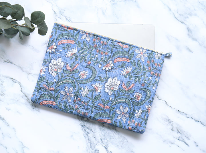 Pre- order Block print Laptop sleeves - Laptop cover - Blue floral - 13 inch, 14 inch & 15 inch