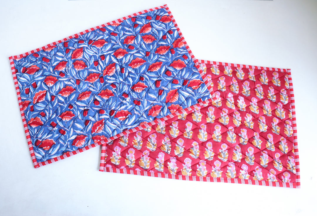 Block Print Quilted Placemats - Reversible - Set of 2 - Red - 13 x 19 inches