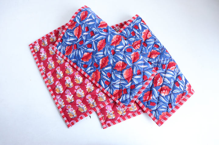 Block Print Quilted Placemats - Reversible - Set of 2 - Red - 13 x 19 inches