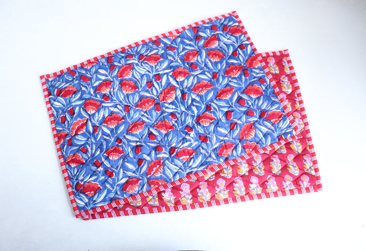 Block Print Quilted Placemats - Reversible - Set of 2 - Red - 13 x 19 inches