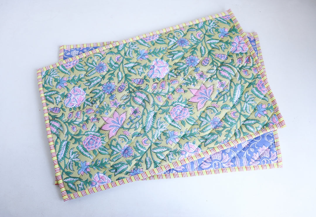 Reversible block print placemat in lime green styled with matching table linen, Kari by Kriti