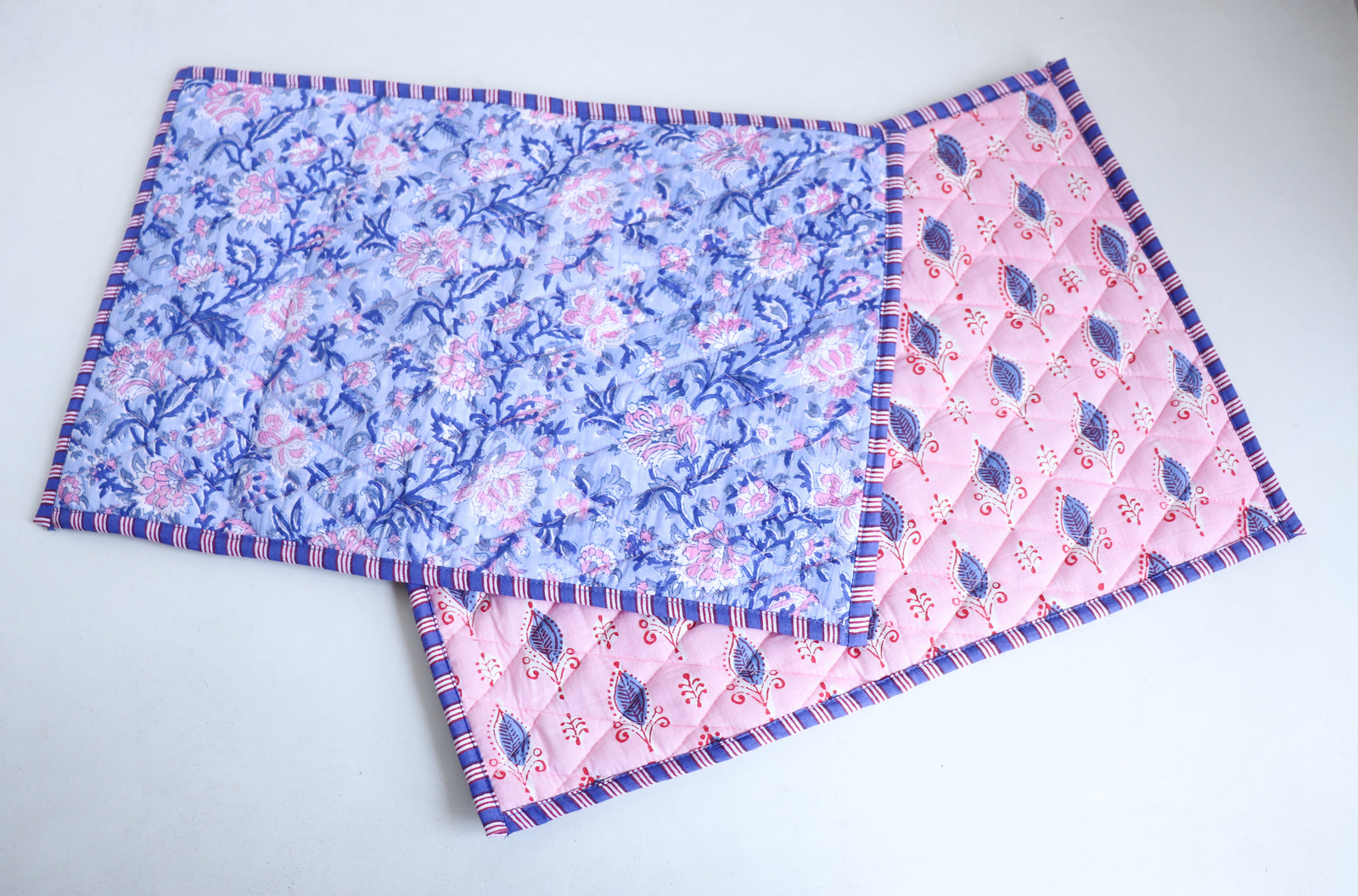 Block print quilted placemats set of 2 in pink and blue, reversible design, 13x19 inches, handmade in India