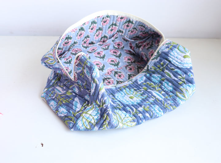 Block print organizer bag for Dyson Airwrap with wood bead tassel, handcrafted in India