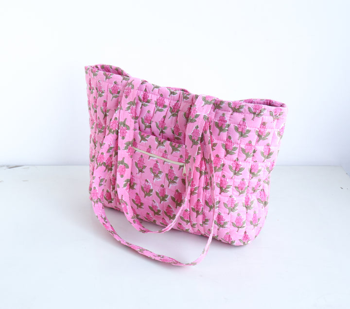 Block Print Multi Pocket Tote Bag - Dark Pink Floral - Quilted Women&