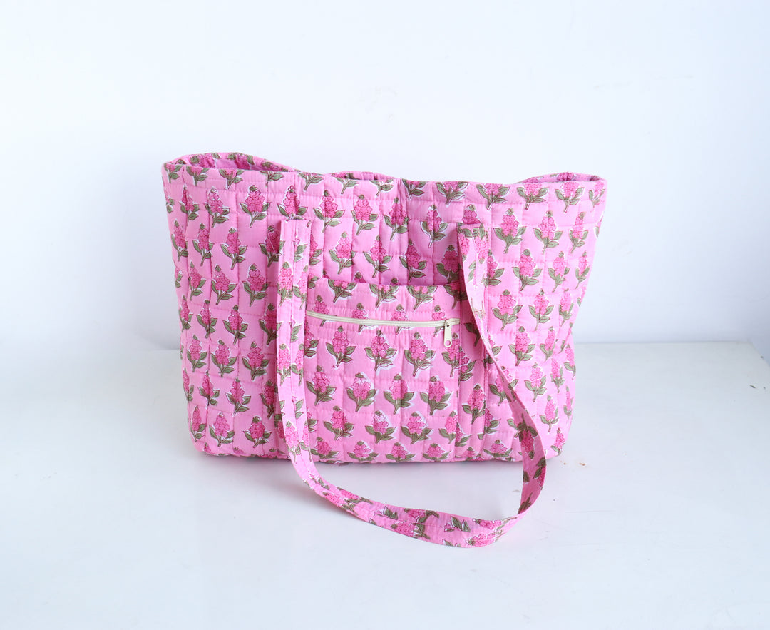 Block Print Multi Pocket Tote Bag - Dark Pink Floral - Quilted Women&