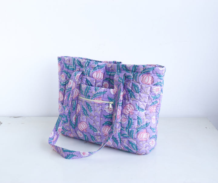 Block Print Multi Pocket Tote Bag - Lilac Floral - Quilted Women&