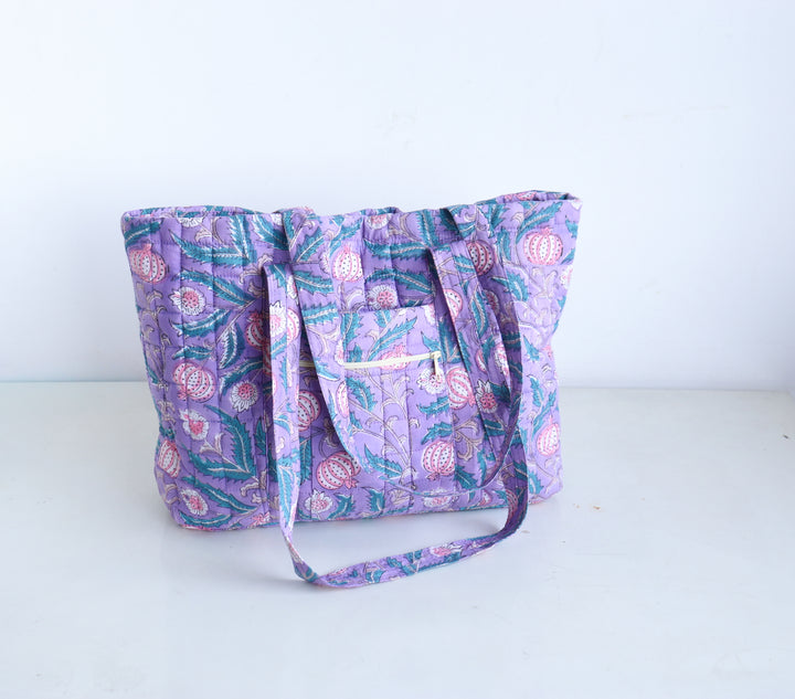 Block Print Multi Pocket Tote Bag - Lilac Floral - Quilted Women&