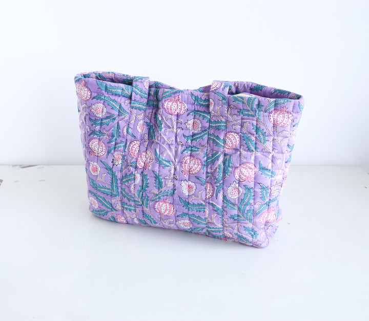Block Print Multi Pocket Tote Bag - Lilac Floral - Quilted Women&