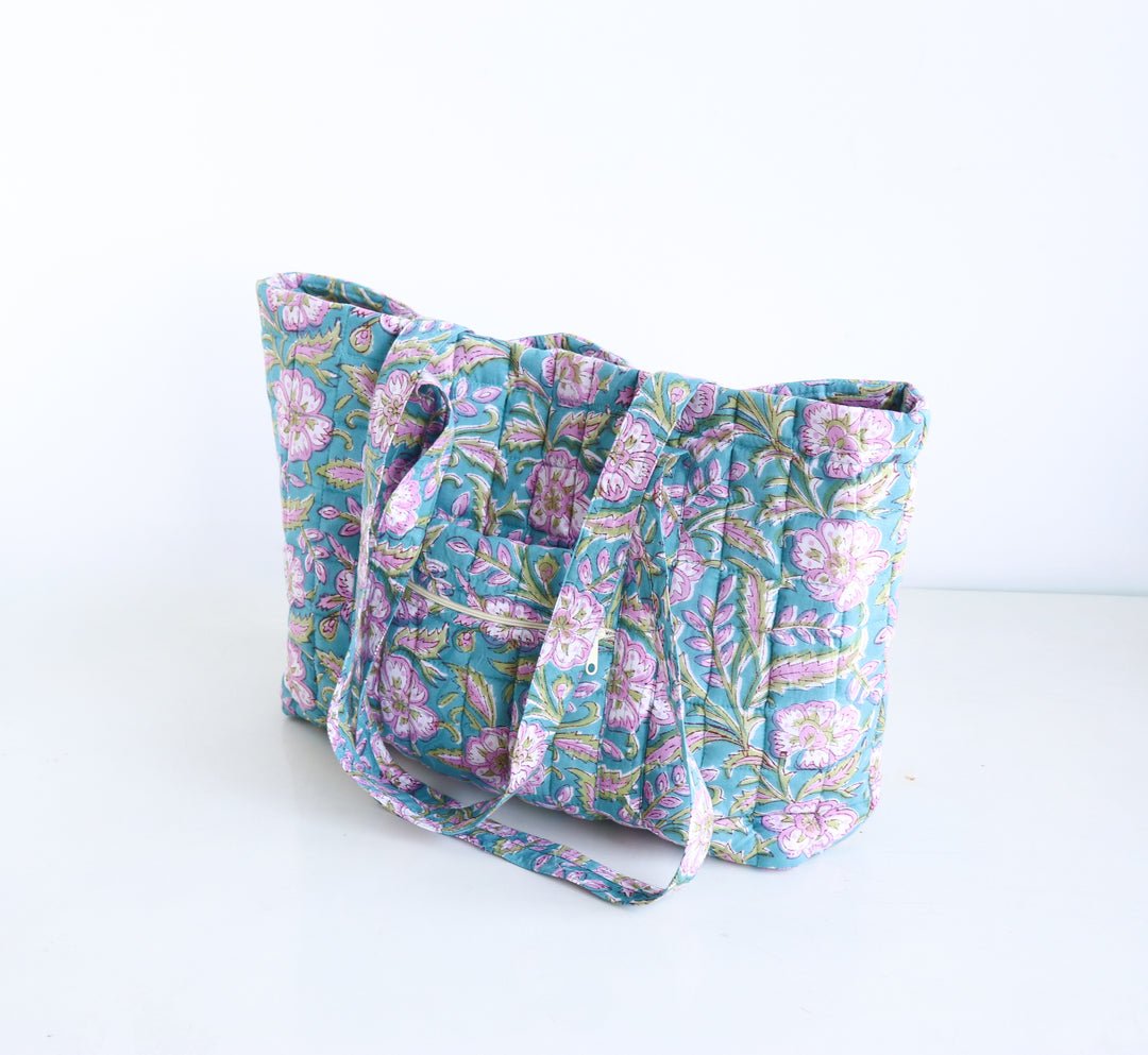 Block Print Multi Pocket Tote Bag - Dark Turquoise Floral - Quilted Women&