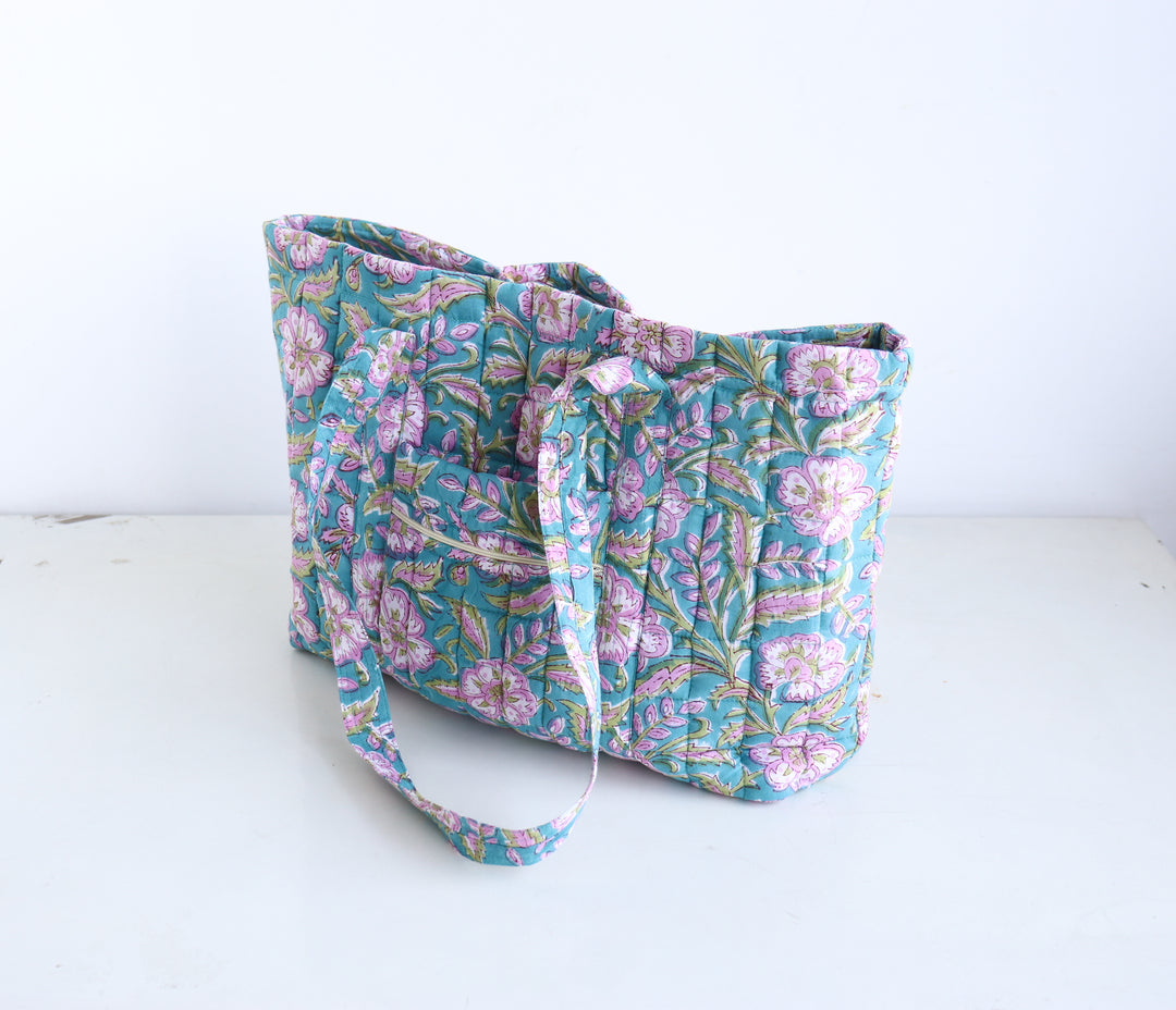 Block Print Multi Pocket Tote Bag - Dark Turquoise Floral - Quilted Women&