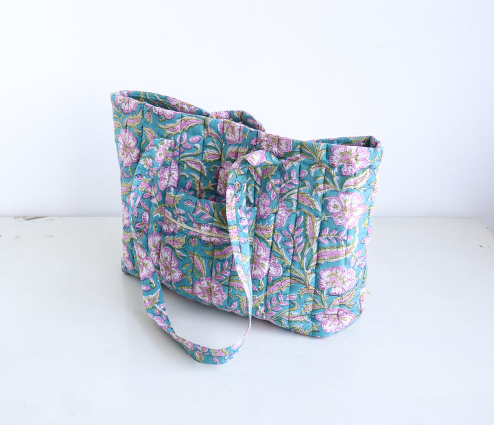 Block Print Multi Pocket Tote Bag - Dark Turquoise Floral - Quilted Women&