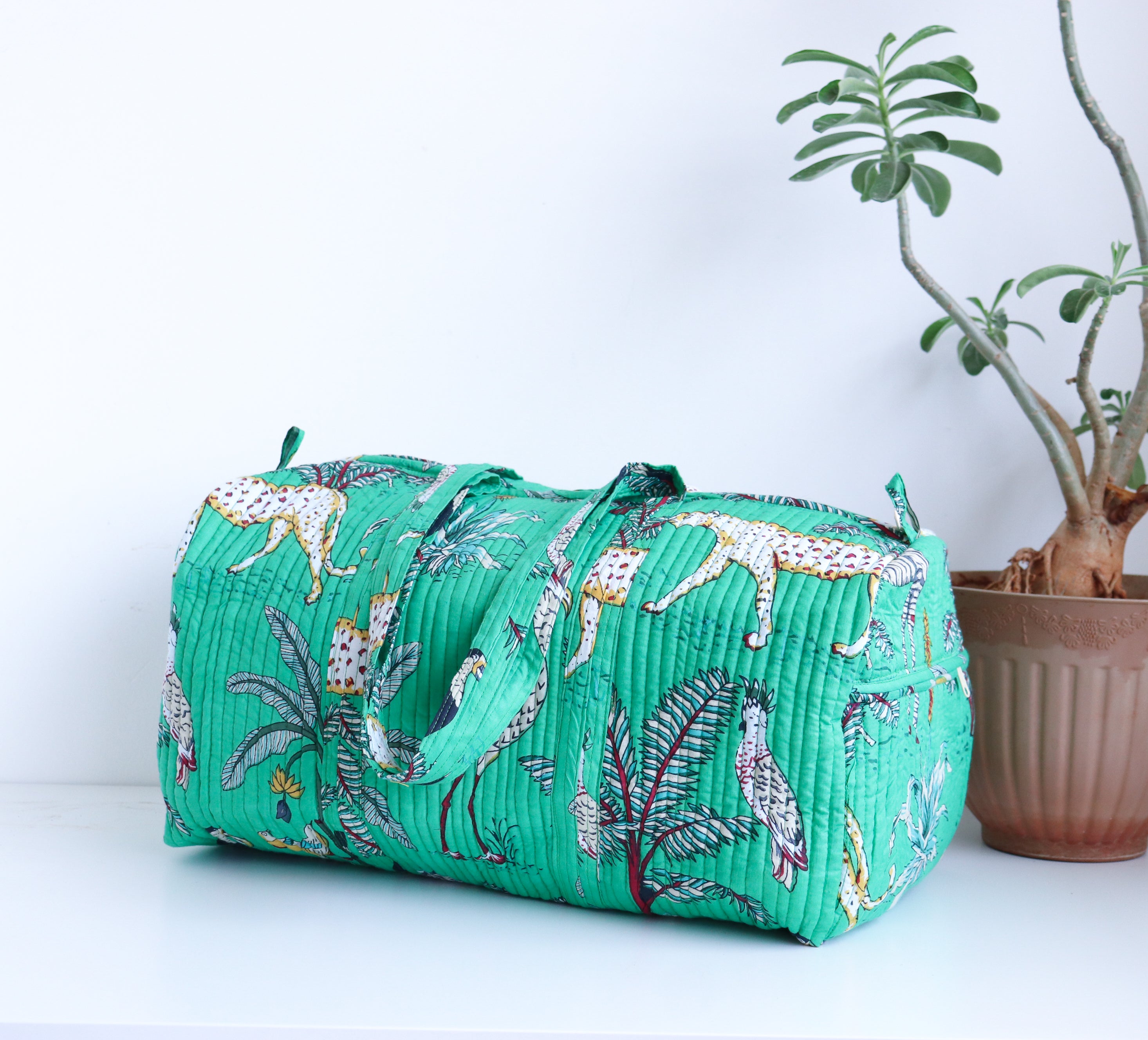 Pre order Dark Green Safari print weekender bag Boho quilted bags Kari by Kriti